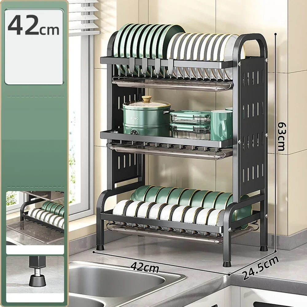Carbon Steel Kitchen Dishes Drying Storage Rack With Drain Tray Large-capacity Plate Rack Cutlery Chopping Board Tool Organizer Peaceful Pleasures Health and Wellness style C