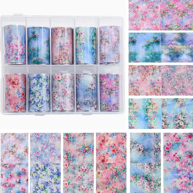 10Rolls Mixed Nail Art Foils Transfer Sticker Set Rose Flower Designs Floral Starry Sky Nail Wraps Wedding Summer Manicure Decor Peaceful Pleasures Health and Wellness