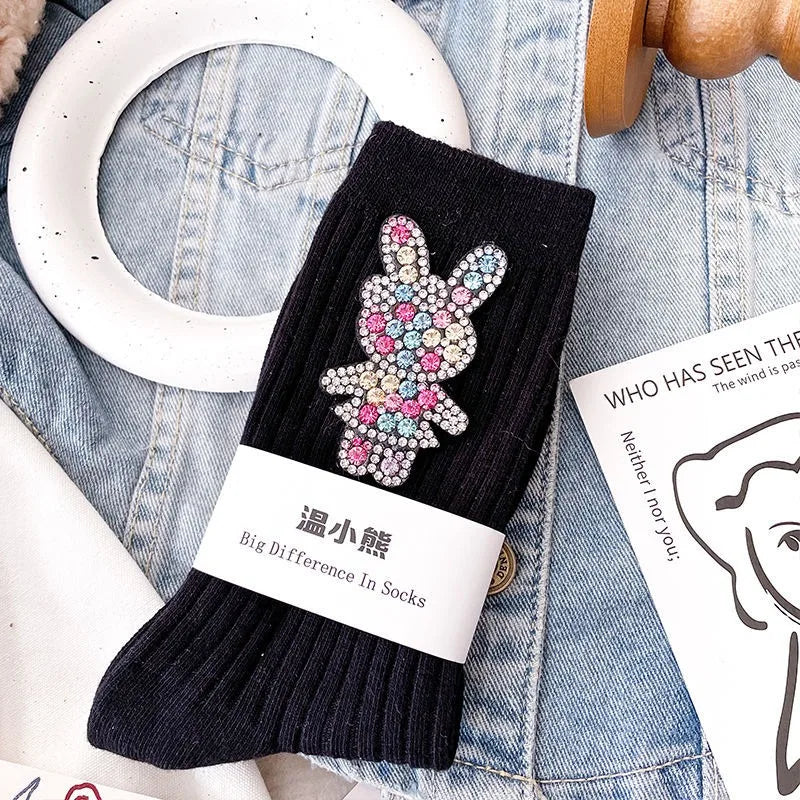 Diamond Cartoon Rabbit Decorative Socks, Fashionable Diamond Sparkling Women's Socks, Comfortable And Breathable Christmas Socks Peaceful Pleasures Health and Wellness black One Size