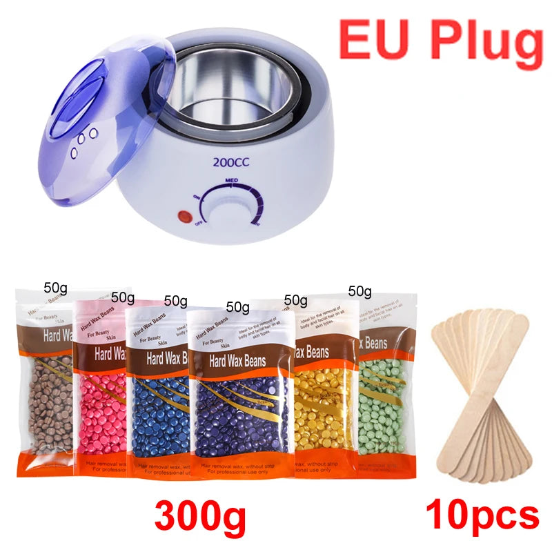 200ML Wax Heater For Hair Removal Hands Feet Depilatory Wax Melting Machine Warmer Dipping Pot Kit / 200g Hard Wax Beans Peaceful Pleasures Health and Wellness 035-W-EU-300g