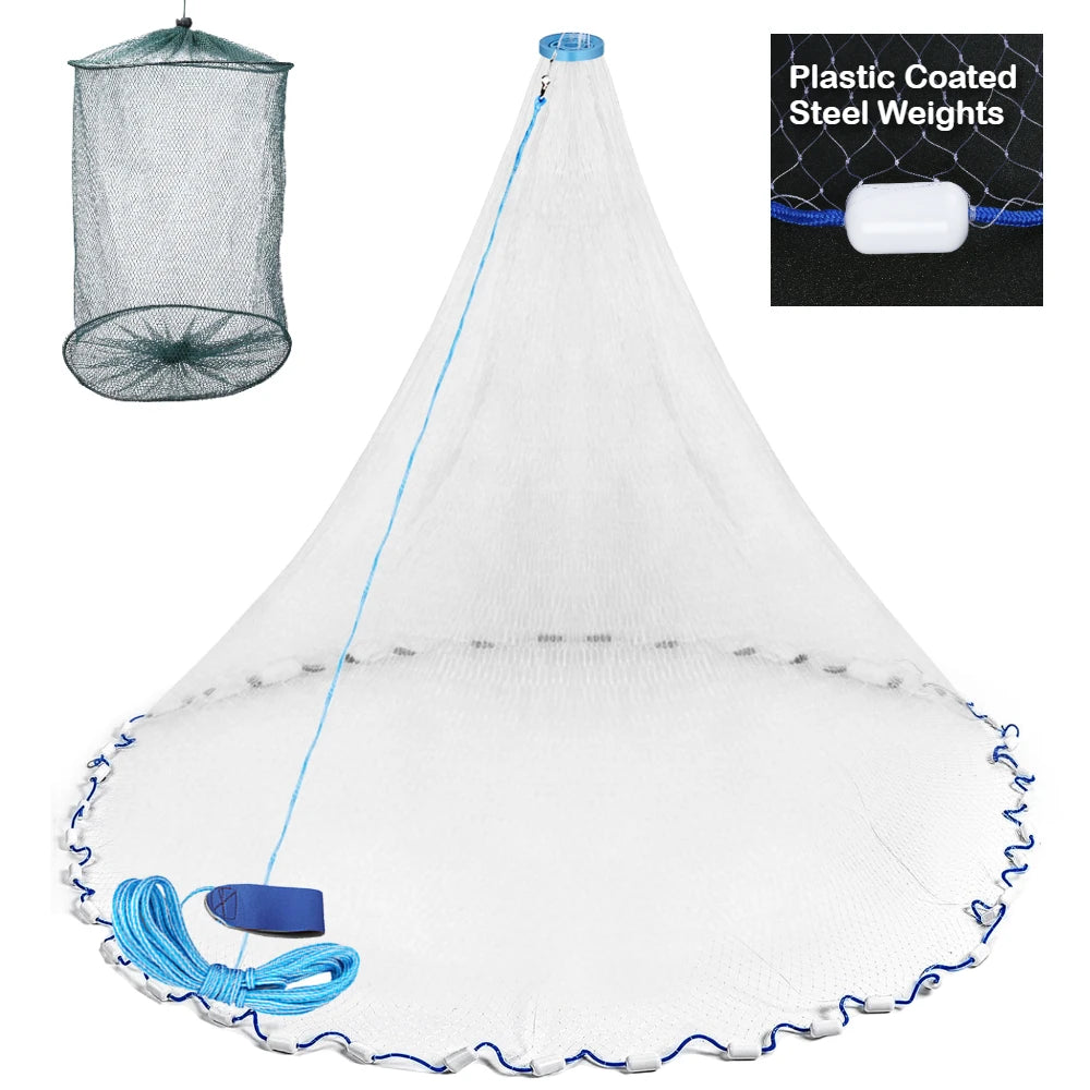 Fishing Cast Net Easy Hand Throw 3/4/5/6/7/8/9/10ft Radius Fishing Bait Net Nylon Mesh Casting Nets with Sinker Fishing Equipmen Peaceful Pleasures Health and Wellness Plastic Coated Steel 8ft Radius