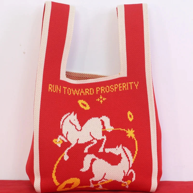 Horse Year Knitted Tote Bag – Large Reusable Handbag
