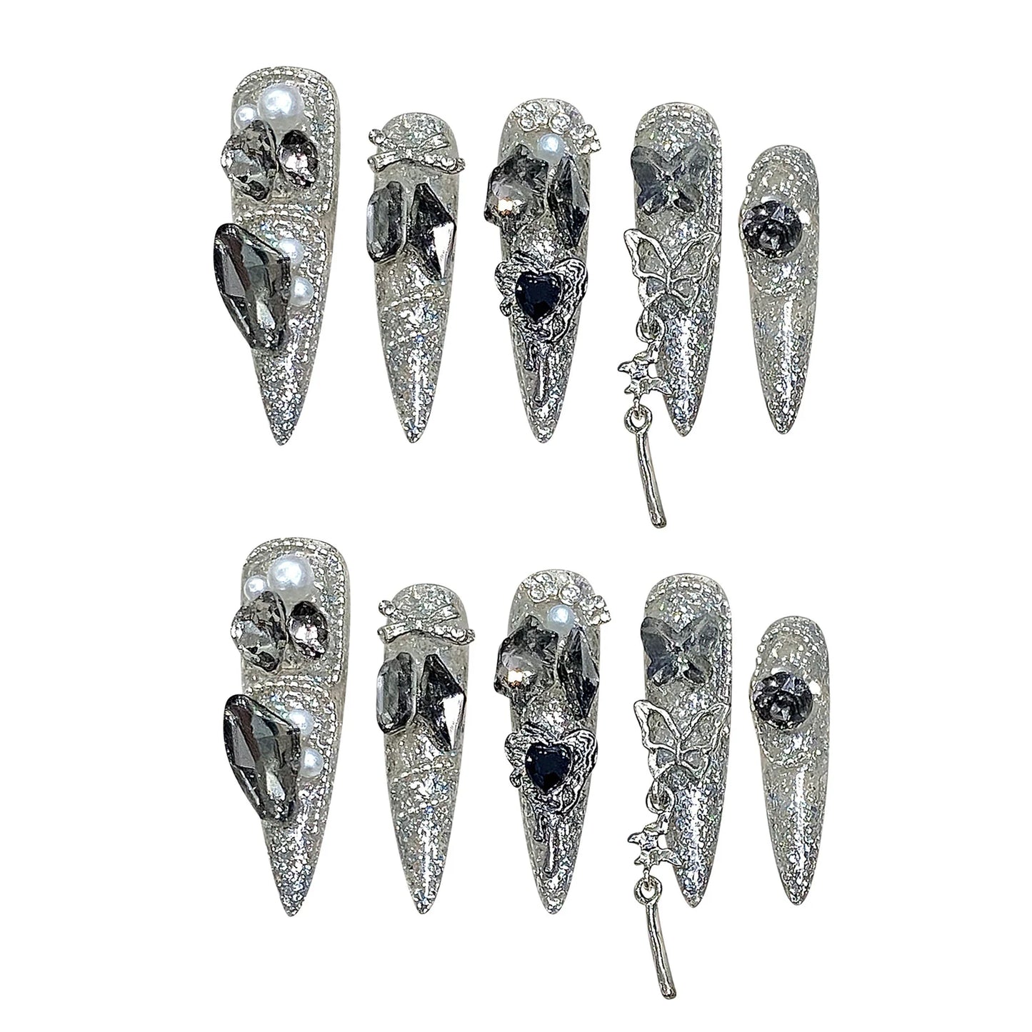 Rhinestone Glitter Press-On Nails – Long Pointed Bridal Set