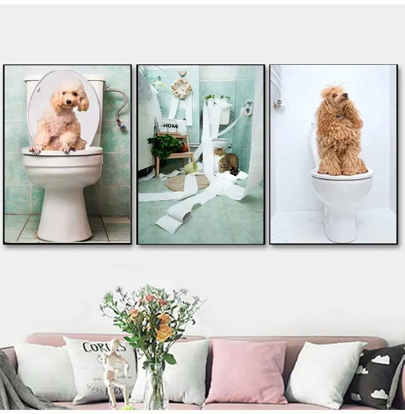 Funny Animal Dog Read Newspaper Oil Painting on Canvas Wall Art Poster Prints Wall Art Picture for Bathroom Toilet Decoration Peaceful Pleasures Health and Wellness