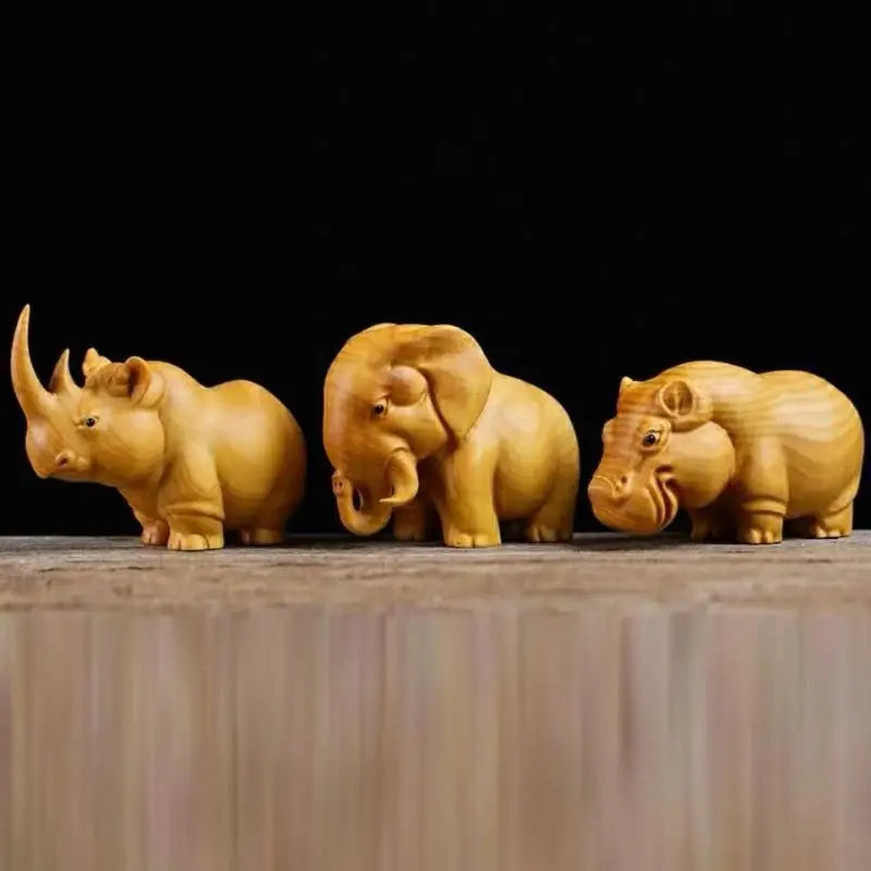 Handmade Wood Carving Animal Figurines – Rhino, Hippo, Elephant