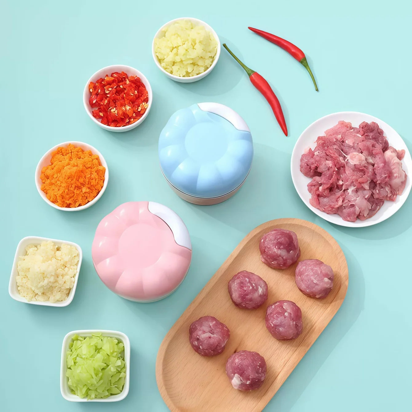 Manual Pull String Vegetable Chopper with Container & Mincer