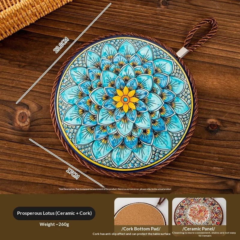 Vintage Heat Resistant Trivet Mat for Hot Pot Cast Cookware Enameled Dutch Oven Ceramic Dinnerware Tabletop Placemat Non-Slip Peaceful Pleasures Health and Wellness A Diameter 17cm