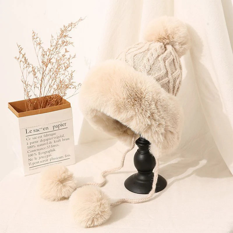 Women's Plush Ball Beanie | Winter Ear Protection Knit Hat