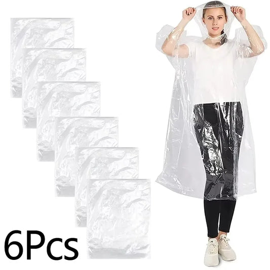6-Pack Disposable Waterproof Rain Poncho | Clear Hooded Raincoat Disposable Rain Poncho Peaceful Pleasures Health and Wellness