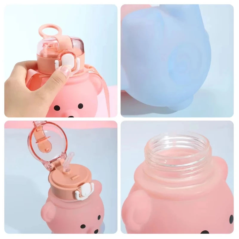 800ml Cute Straw Water Bottle with Rope Portable Bear Gradient Water Cup Large-Capacity Leak-Proof Drinking Mug for Kids Girls Peaceful Pleasures Health and Wellness