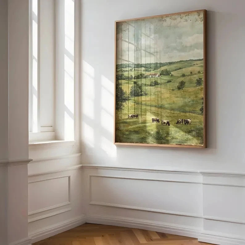 Retro Farmhouse Cow Landscape Canvas Wall Art Print | Unframed