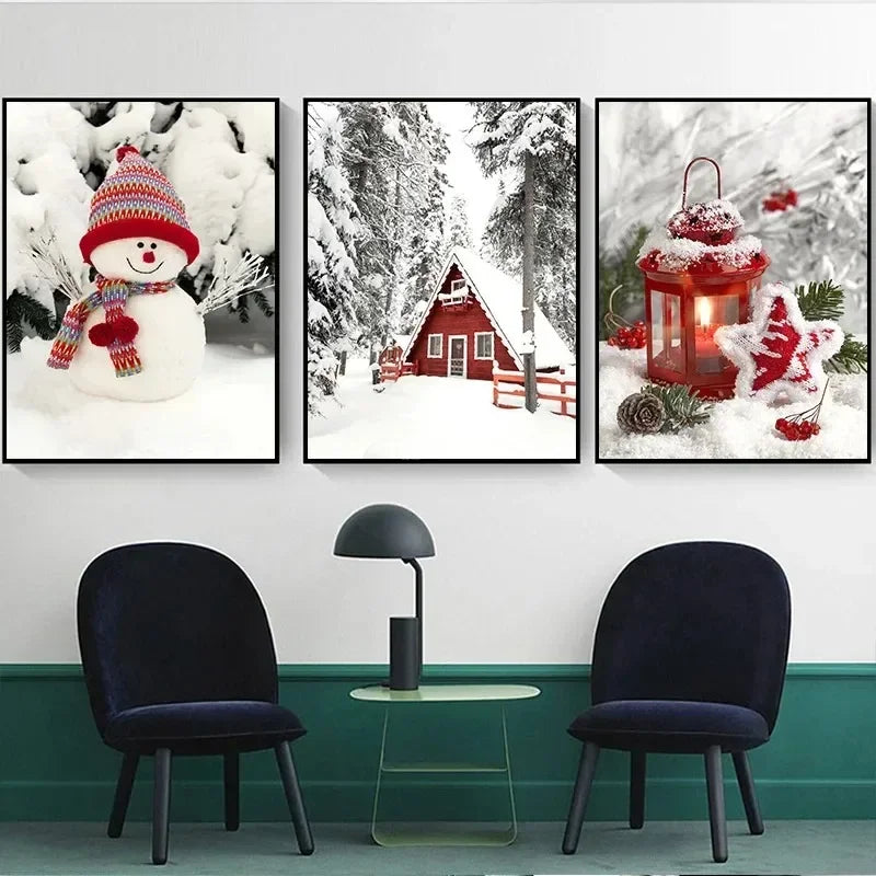 Christmas Snowman & Moose Canvas Wall Art | Winter Decor Print