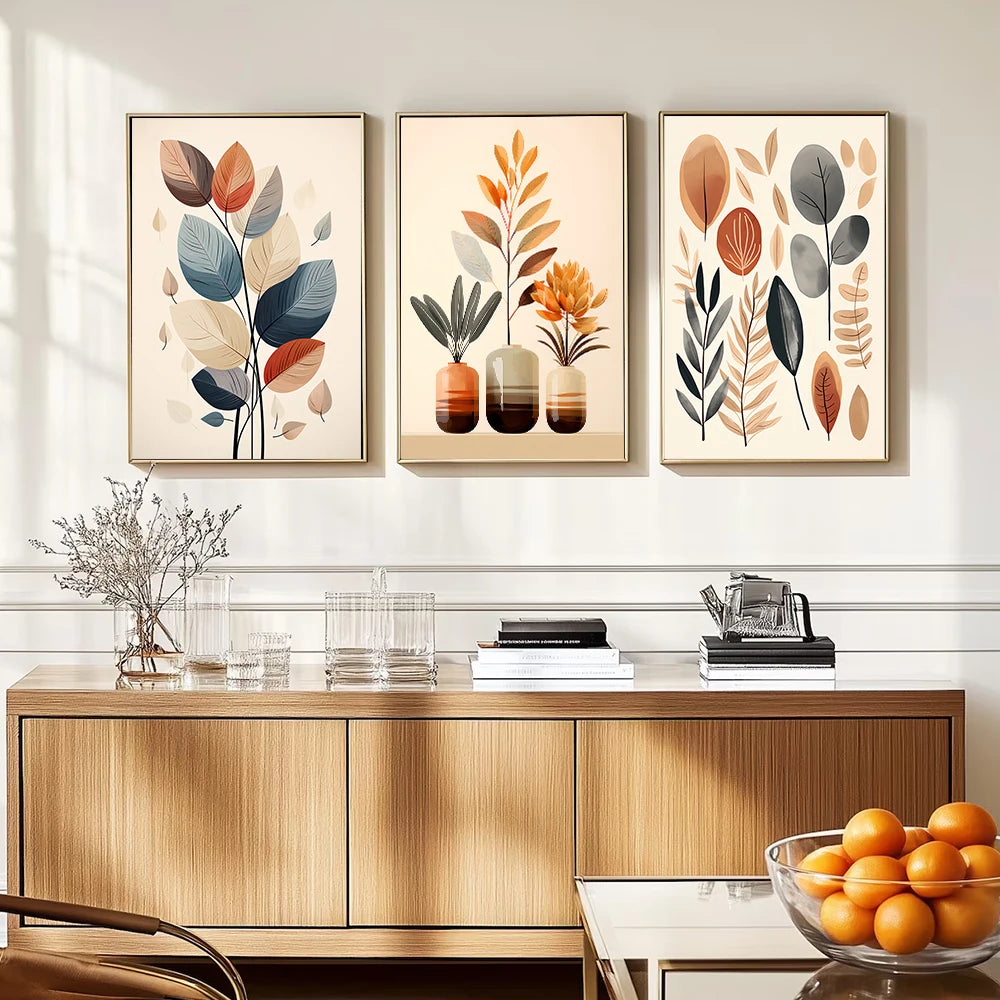 3 Sets of Retro Leaf Canvas Painting Wall Art Watercolor Vase Simple Abstract Poster and Printmaking for Living Room Decoration Peaceful Pleasures Health and Wellness