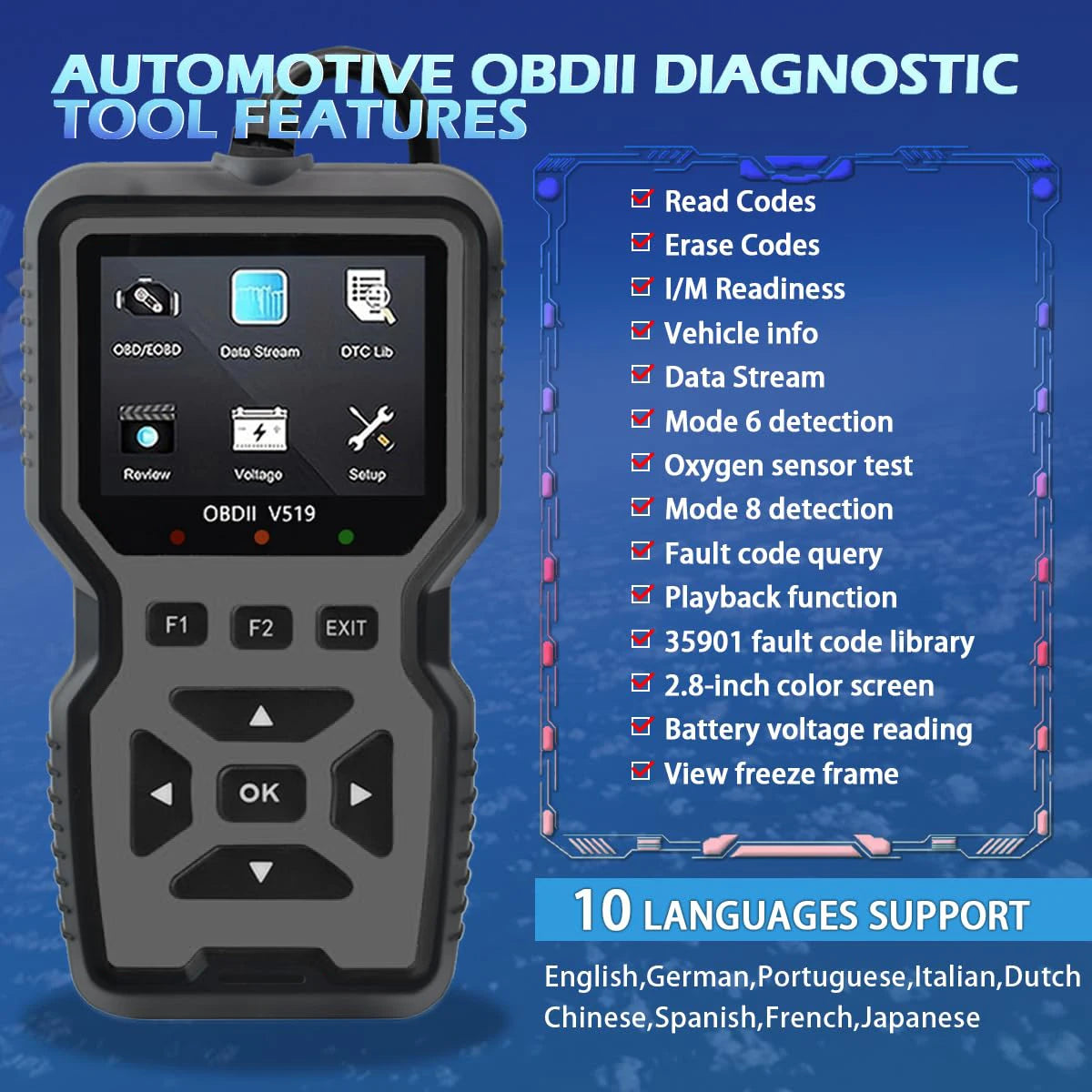 V519 Professional Obd2 Diagnostic Tool for Heavy Duty Vehicle Repair - Code Reader/Resetter, Supports Real-Time Data Stream, No Battery Required, Compatible with Vehicles from 1996 Onwards (Obdii/Eobd, Mode 6/8), Suitable for Peaceful Pleasures Health and Wellness