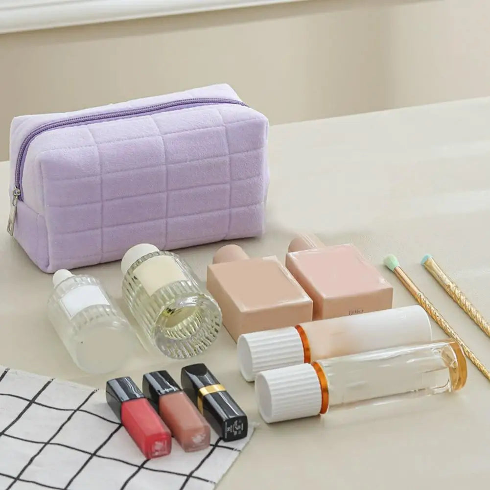 Cute Soft Plush Small Cosmetic Bag Portable Travel Pouch Solid Color Zipper Toiletry Storage Organizer for Women Makeup Bag Peaceful Pleasures Health and Wellness