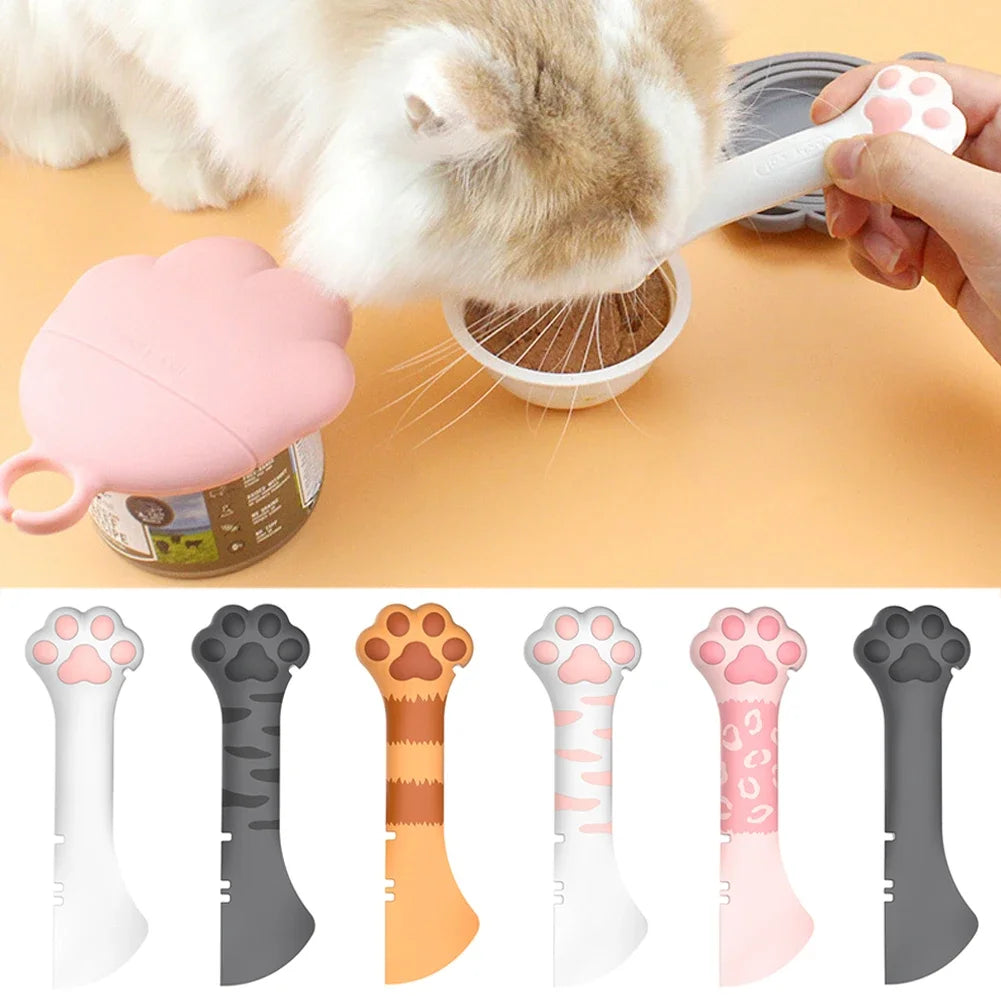 Pet Can Opener Spoon & Lid – Silicone Cat Paw Feeding Scoop