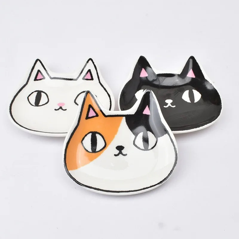 New Japanese Style Ceramic Three Colored Cat Dish Cute Cat Shaped Sauce Dish Household Snack Mustard Seasoning Dishes Tableware Peaceful Pleasures Health and Wellness