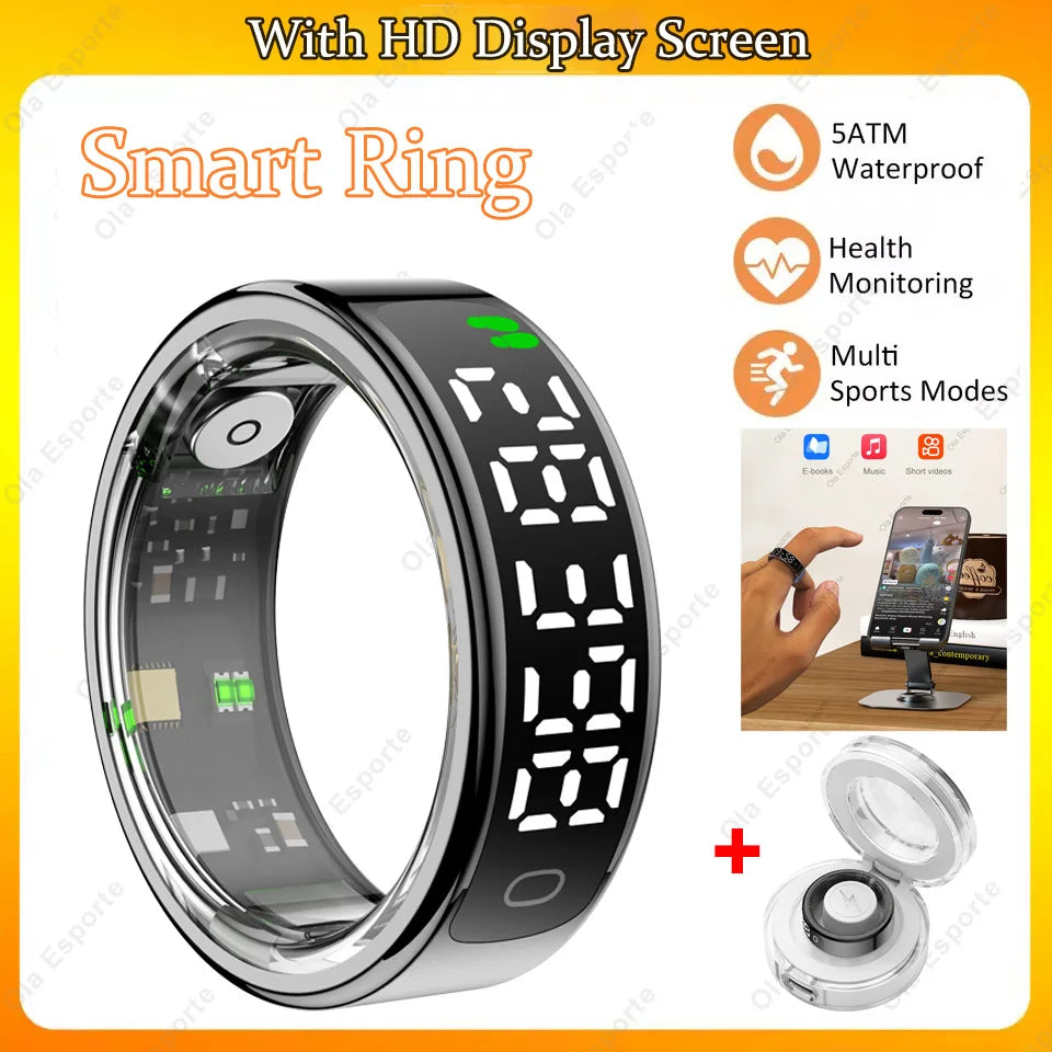 Smart Ring with Display Screen and Touch Heart Rate Blood Oxygen Sleep Health Monitoring Sports Count steps Waterproof Smartring Peaceful Pleasures Health and Wellness Black 8