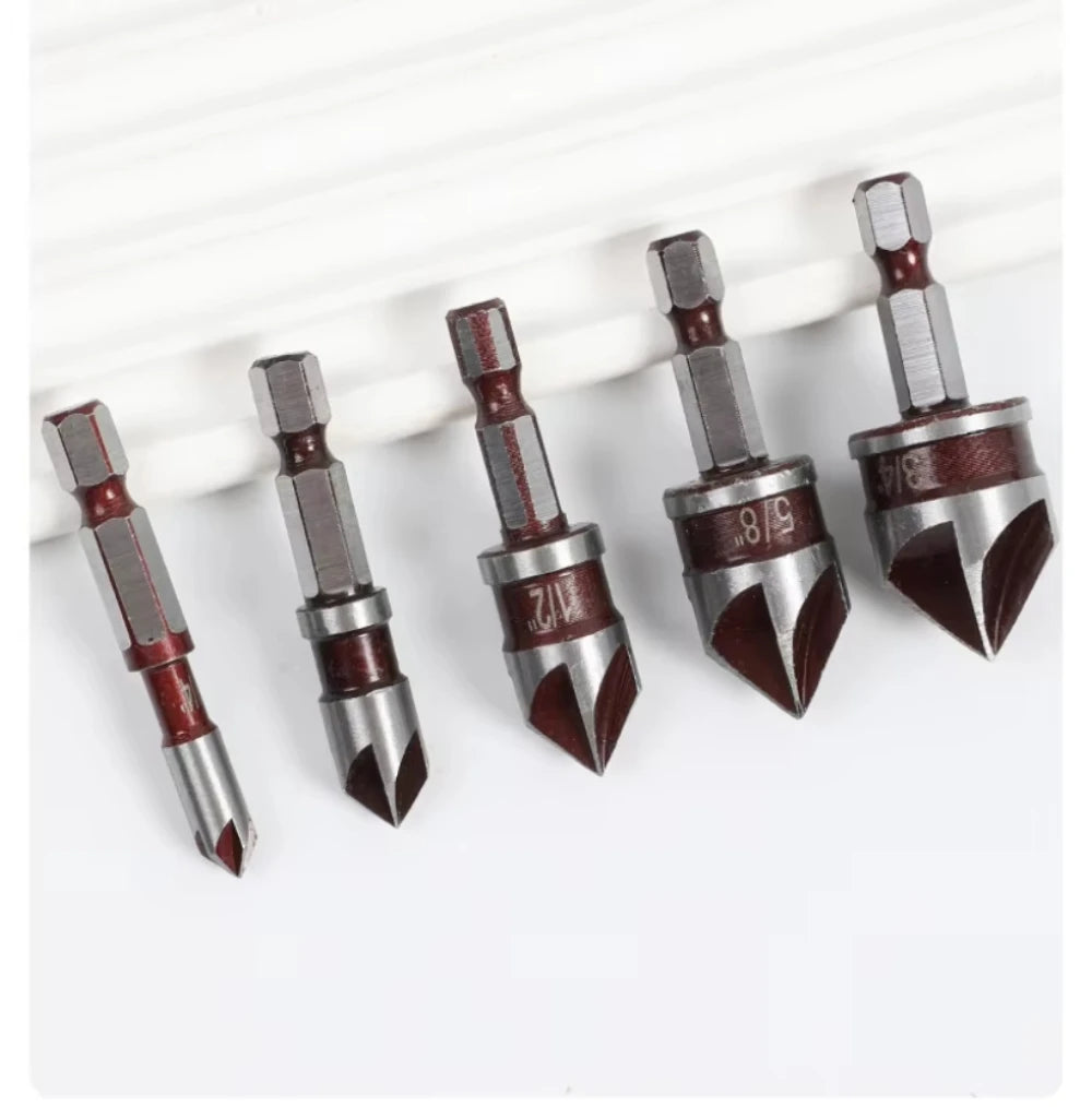 5 Flute Metal M35 Cobalt Countersink Drill Bit Set 82° 5pcs 1/4" Hex Shank Countersunk Bit Set 1/4” 3/8” 1/2” 5/8 With Holder Peaceful Pleasures Health and Wellness