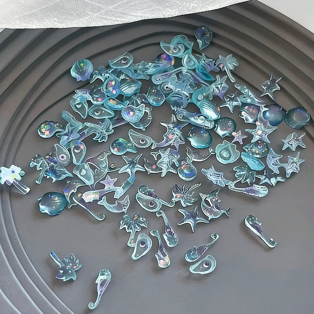 50pcs Ocean Series Nails Charms 3D Resin White Pearl Shell Star Dolphin Rhinestones Jewelry Flash Nail Art Decorations Accessory Peaceful Pleasures Health and Wellness Aurora BLUE