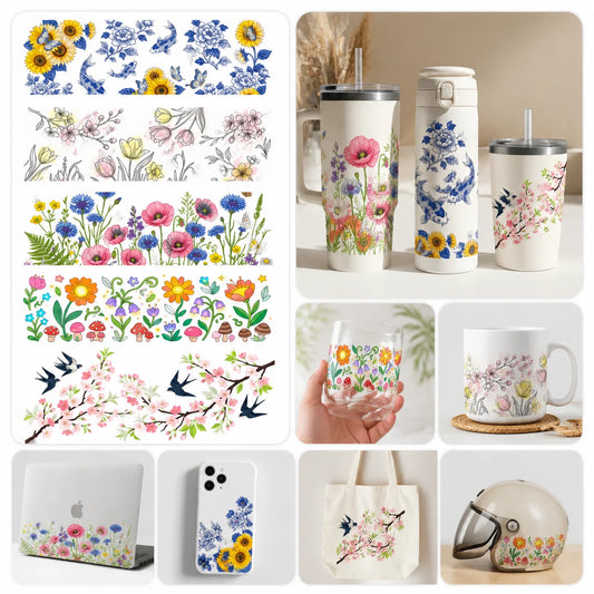 UV DTF Spring Floral Cup Wrap Stickers | Waterproof DIY Decals DIY Transfer Stickers Peaceful Pleasures Health and Wellness