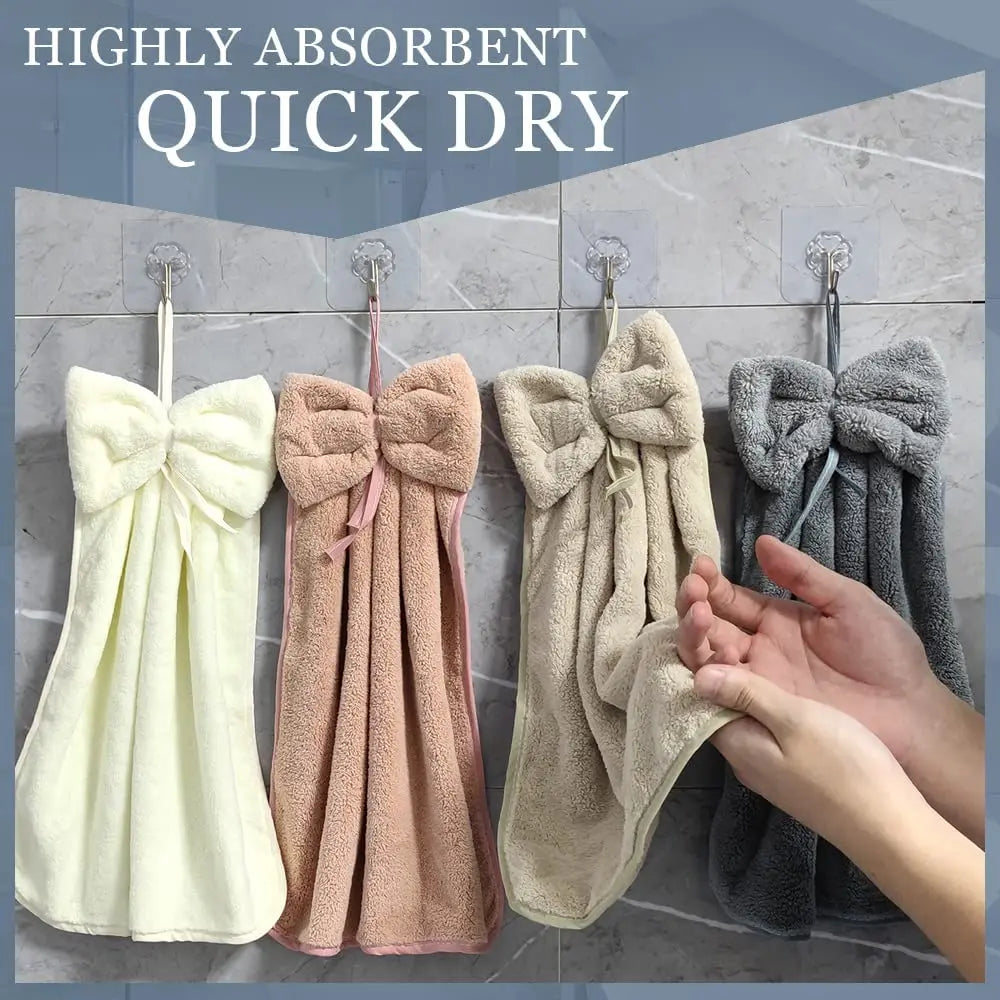 Bow Hanging Hand Towel – Absorbent Coral Fleece Kitchen & Bath