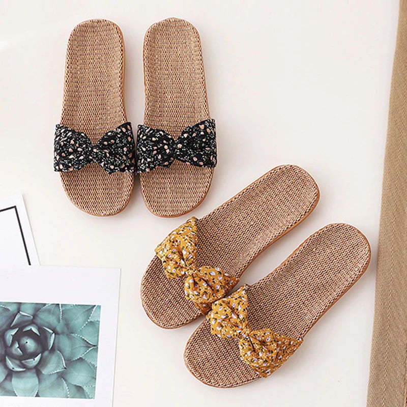 Women's Linen Bow Slippers – Anti-Slip Lightweight Indoor Flats