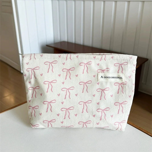 Corduroy Travel Makeup Bag with Bow – Zipper Cosmetic Pouch Travel Cosmetic Bag Peaceful Pleasures Health and Wellness