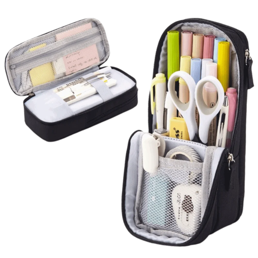 Large-capacity Folding Pencil Case Simple Double-layer Pen Storage Bag Portable Aesthetic Student Stationary Boxes School/Office Peaceful Pleasures Health and Wellness Black