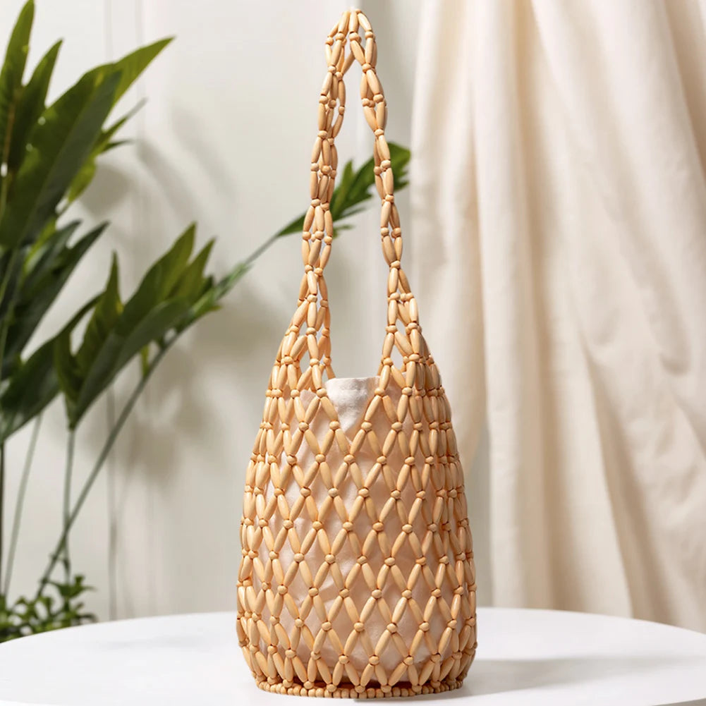 Handmade Wooden Bead Woven Bucket Bag for Women Peaceful Pleasures Health and Wellness yellow Australia