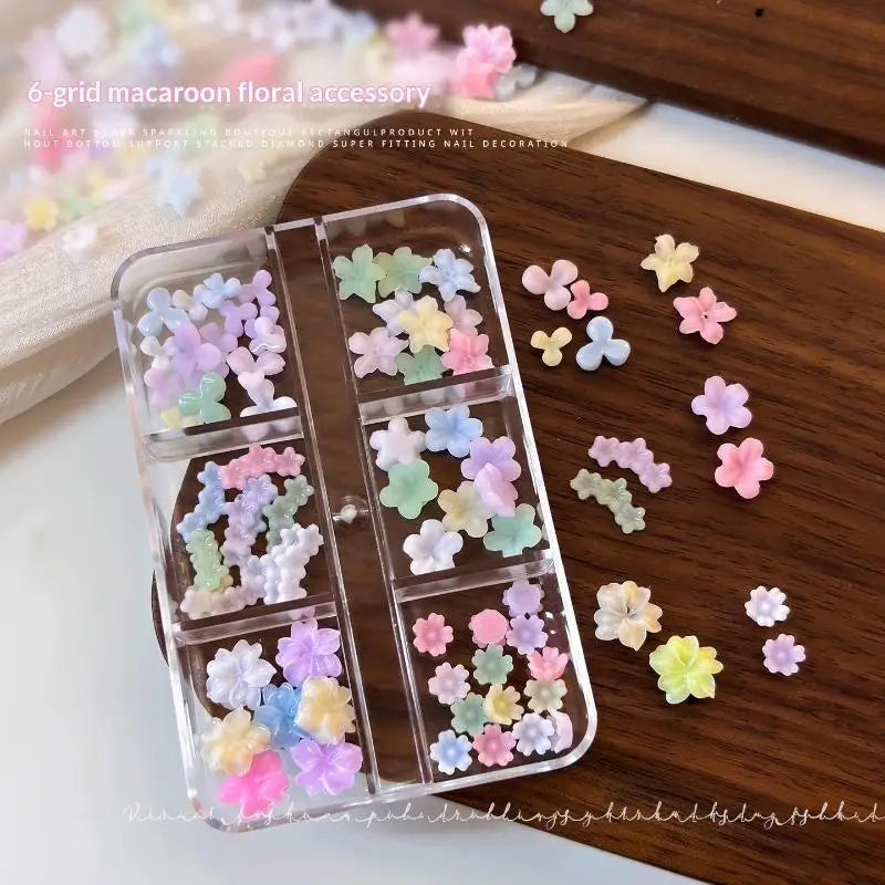 3D Pastel Macaron Flower Nail Charms – 6-Grid DIY Art Set
