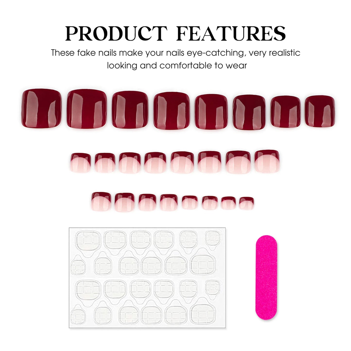 24-Piece Wine Red French Press-On Toe Nails | Short Square