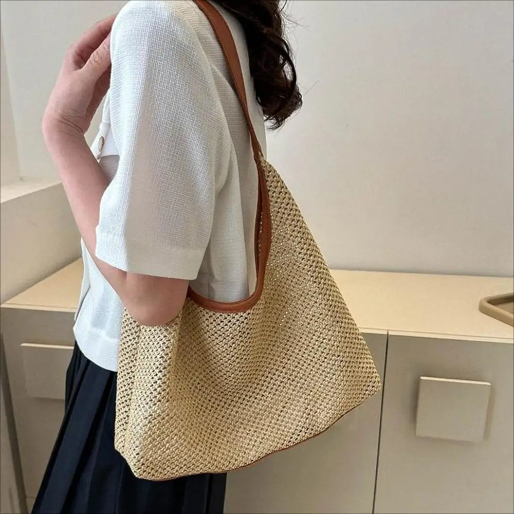Bohemian Handmade Straw Bucket Bag – Large Beach Shoulder Bag
