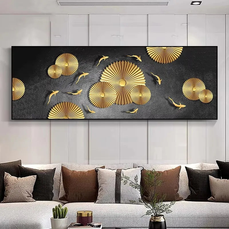 Large Wall Decorative Painting on Canvas Chinese Style Koi Poster Nine Fish Illustration Feng Shui Carp Lotus Pond Home Decor Peaceful Pleasures Health and Wellness ZLH3506 80x240cm Unframed