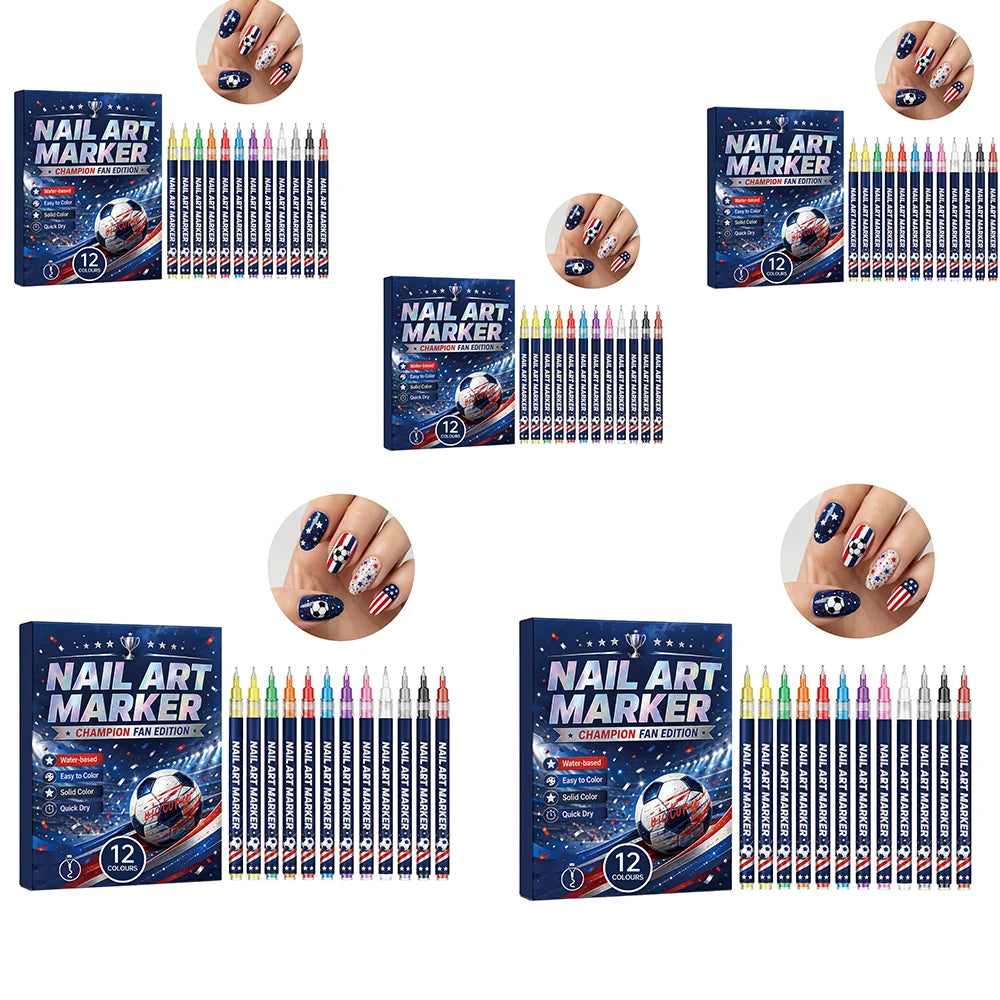 12-Piece Football Fan Nail Art Pens | Quick-Dry Liner Set