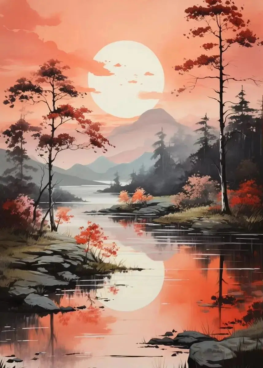 Japanese Autumn Watercolor Canvas Wall Art | Bamboo Blossom
