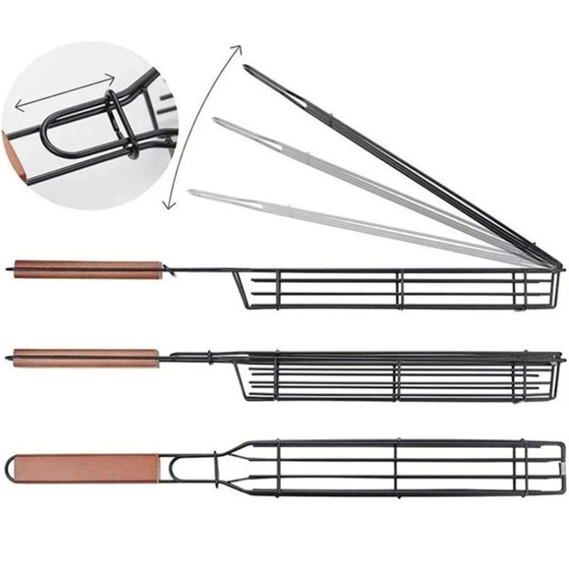 Portable BBQ Grilling Basket Stainless Steel Nonstick Barbecue Grill Basket Wooden Handle Grill Mesh Meat Picnic Roasting Tool Peaceful Pleasures Health and Wellness