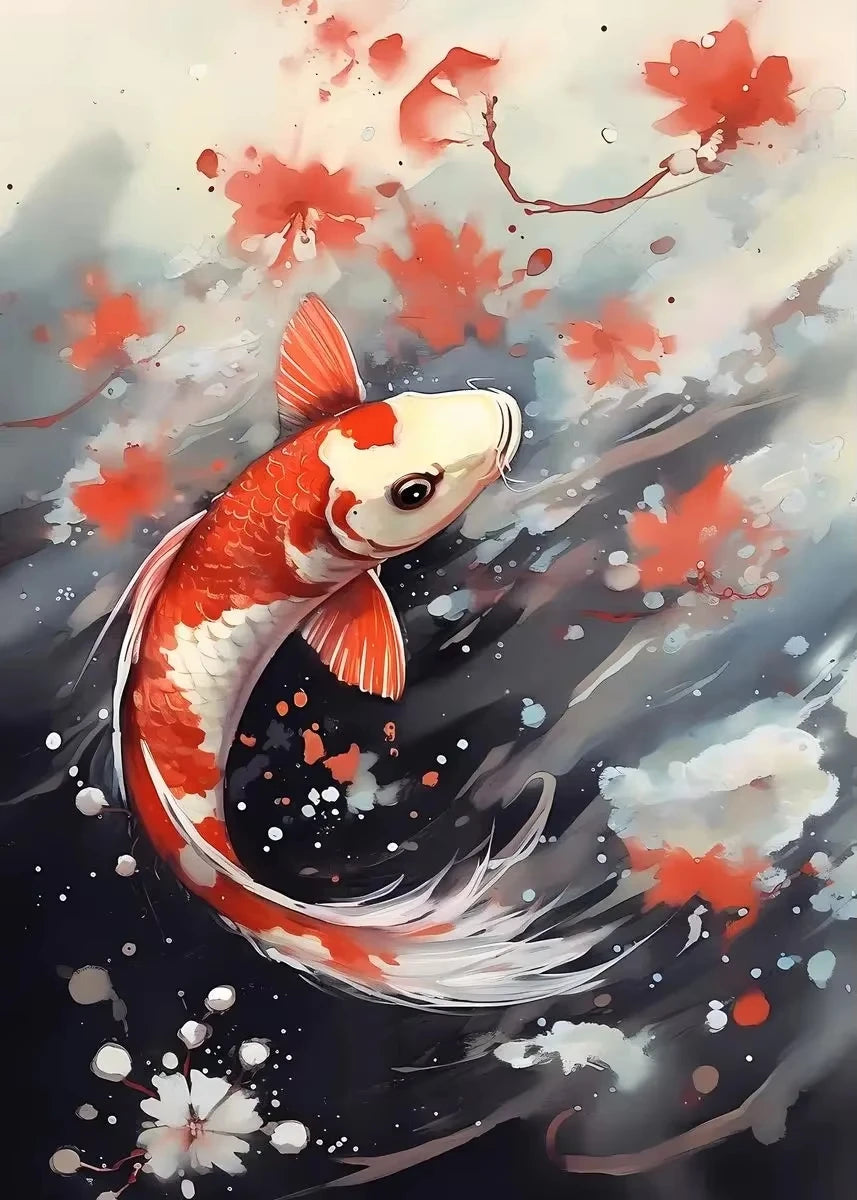Red Koi Fish Lotus Canvas Wall Art | Good Luck Home Decor