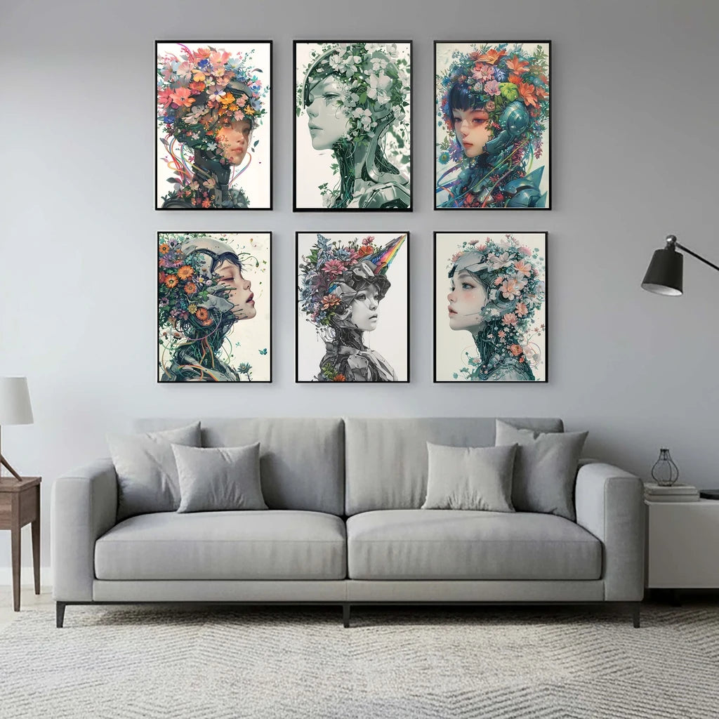 Nordic Robot Girl & Flowers Canvas Wall Art | Modern Poster Print Canvas Wall Art Print Peaceful Pleasures Health and Wellness