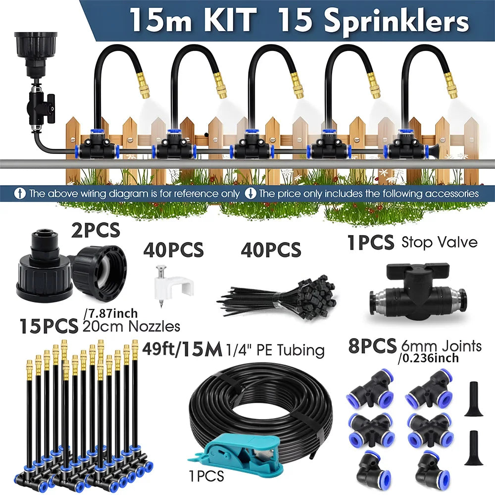 30-5m 1/4" 4/6mm Misting Cooling System 360° Free-bend Adjustable Nozzle Atomizer Sprayer for Outdoor Garden Irrigation Watering Peaceful Pleasures Health and Wellness 15m Kit