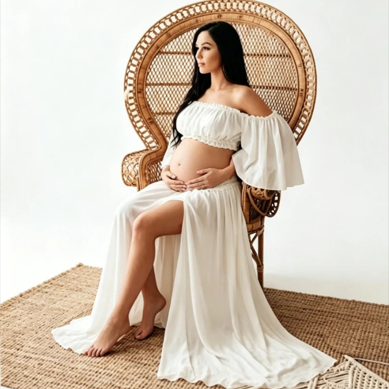 Two-Piece Maternity Photoshoot Dress, Off Shoulder Chiffon Crop Top + Flowing Maxi Skirt, Baby Shower Gown for Pregnant Women Peaceful Pleasures Health and Wellness XXL white