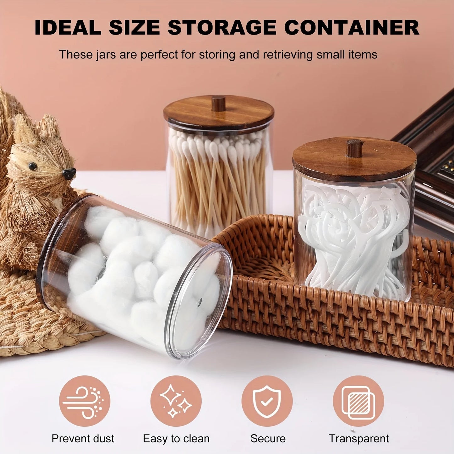 Qtip Holder Apothecary Jars with Wood Lids – 4 Pack Clear Plastic Vanity Organizer Storage Containers (10 oz)