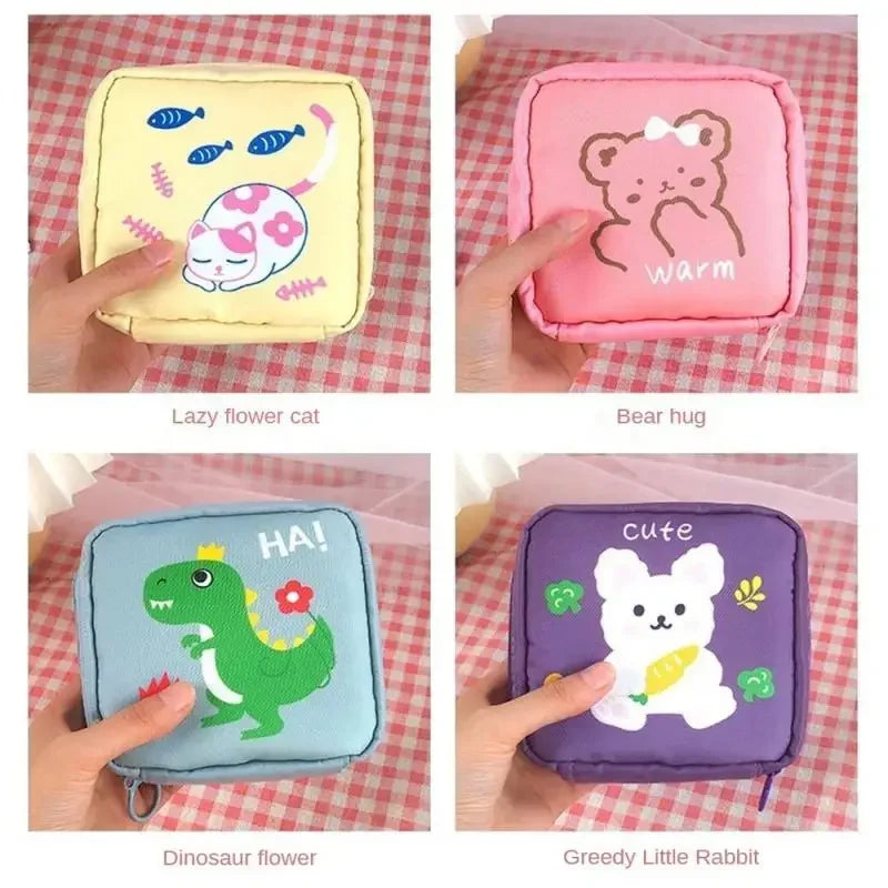 Women Sanitary Napkin Tampon Storage Bag Cartoon Pattern Portable Waterproof Organizer Pouch Napkin Bag Ladies Makeup Small Bag Peaceful Pleasures Health and Wellness