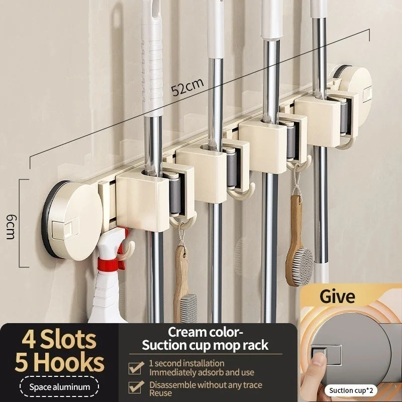 No-Drill Suction Cup Mop Rack Wall-Mounted Holder with 6 Hooks