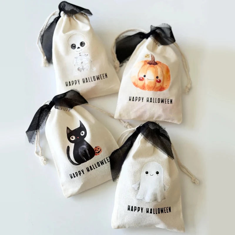 4-Pack Halloween Drawstring Treat Bags – Pumpkin, Cat & Skeleton Halloween Favor Bags Peaceful Pleasures Health and Wellness 4PCS 13X18CM