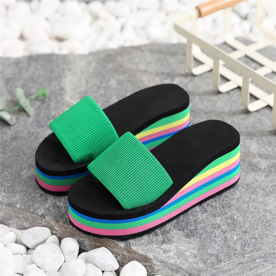 Women's Rainbow Bohemian Wedge Flip Flops | Non-Slip Beach Sandals