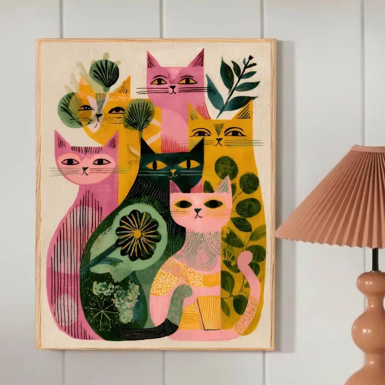 Retro Mid-Century Colorful Cats Canvas Wall Art Print Poster