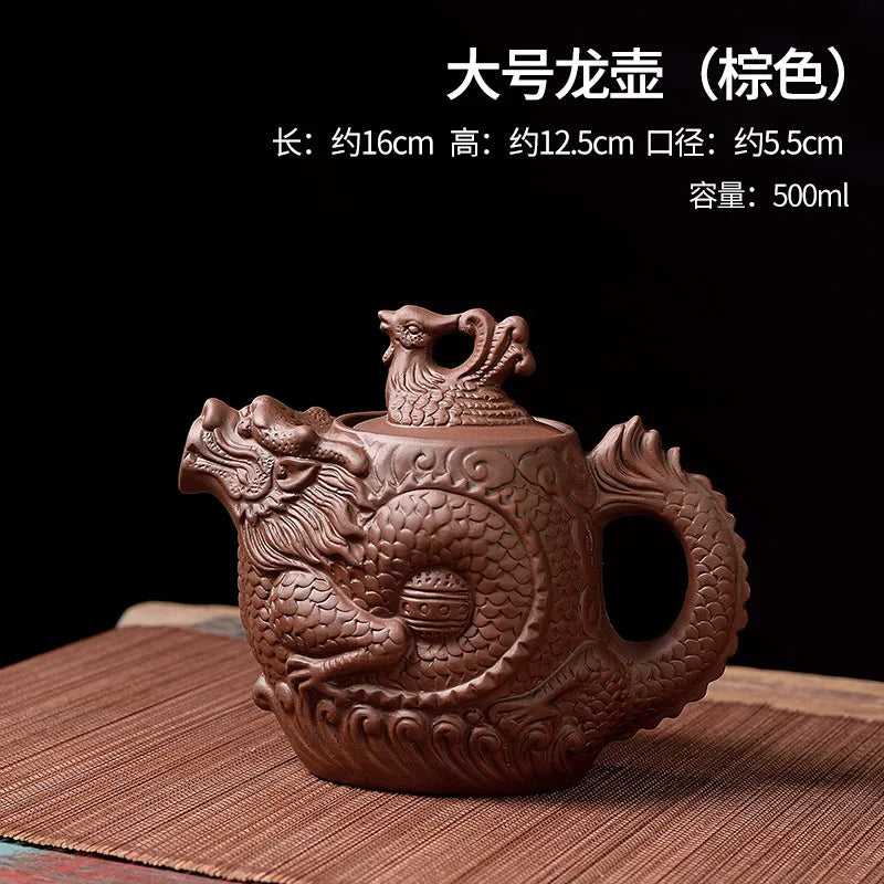 Chinoiserie large capacity dragon and phoenix teapot purple clay teapot kung fu tea set suit teapot tea maker Peaceful Pleasures Health and Wellness Brown