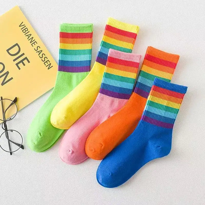 5 Pairs Men's Colorful Striped Casual Socks, Fashionable Sports Socks, Sweat Absorbing And Breathable, Suitable For All Seasons Peaceful Pleasures Health and Wellness 5 Pairs Mix 1 One Size