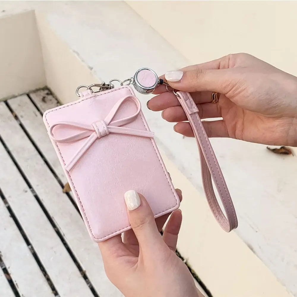 PU Leather Bow Leather Card Holder Bowknot Name Tag Work Card Cover Scalable Retractable Bus ID Holders Men Women Peaceful Pleasures Health and Wellness